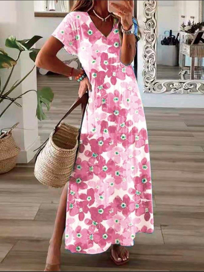 Flower Print V-Neck Short Sleeve Split Dress DRE2107212172PINS Pink / S