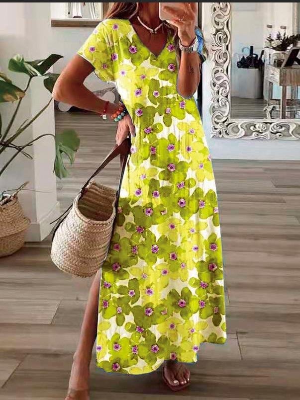 Flower Print V-Neck Short Sleeve Split Dress DRE2107212172YELS Yellow / S