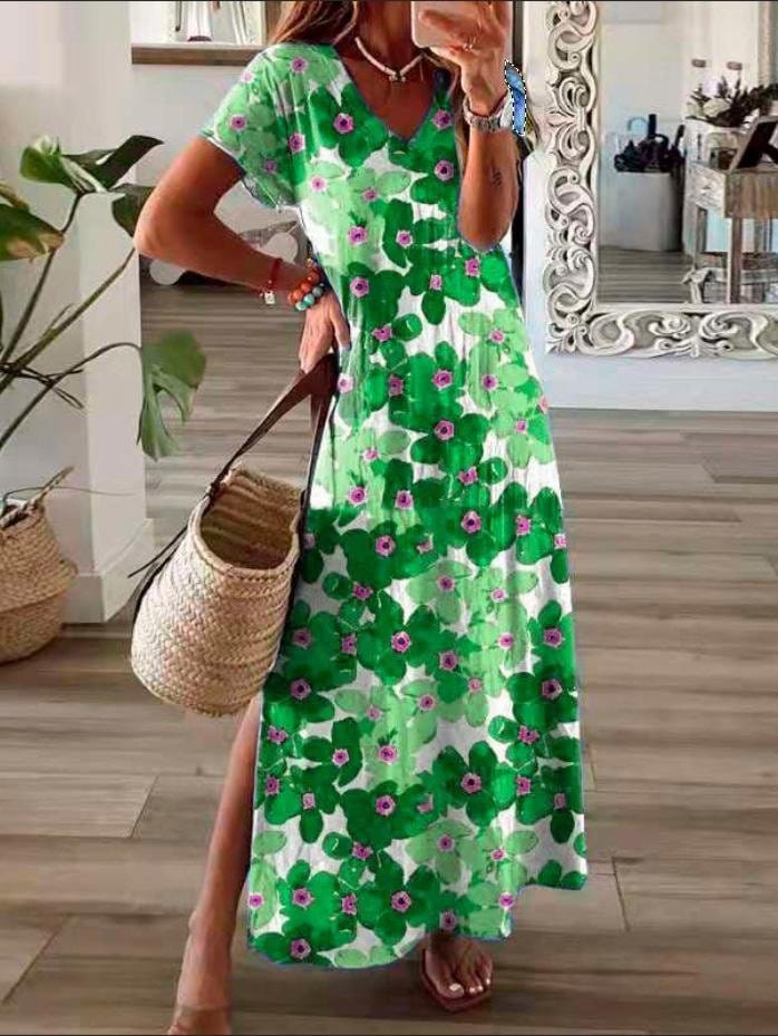 Flower Print V-Neck Short Sleeve Split Dress DRE2107212172GRES Green / S