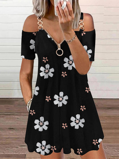 Flower Print Zipper Suspender Dress DRE2107061682BLAS Black / S