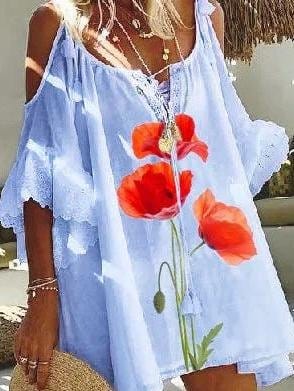 Flower Printed Off-shoulder Mini Dress