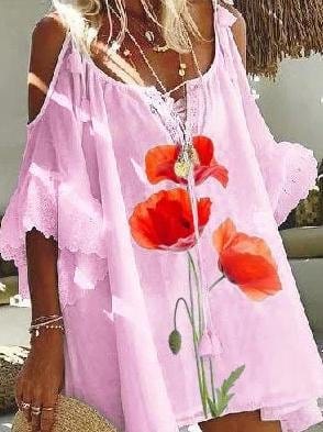 Flower Printed Off-shoulder Mini Dress