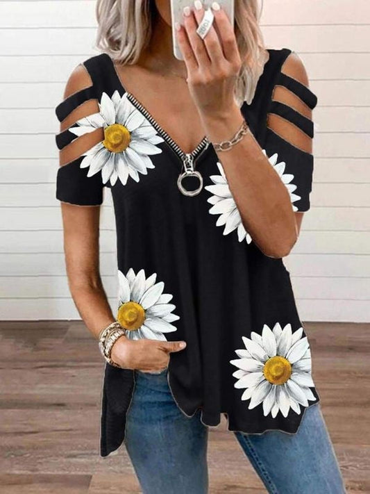 Flower Printed Zipper Off-shoulder T-shirt TSH2107061347BLAS Black / S