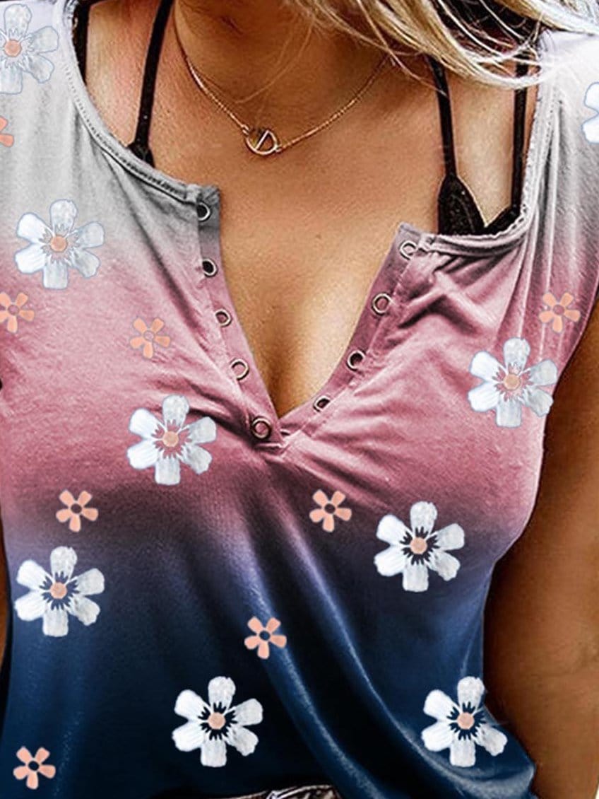 Flower Printing Gradient Color Tank Top