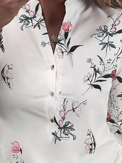 Flower V-Neck Button Long Sleeve Blouse