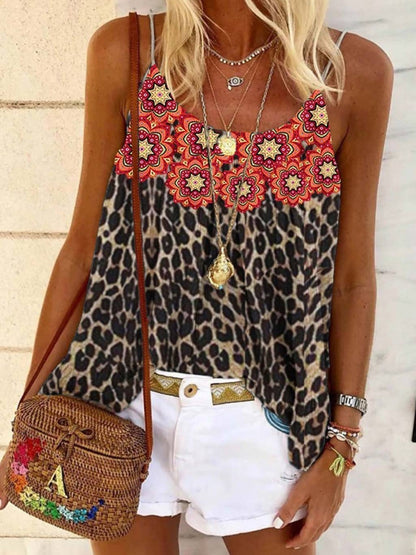 Flowers & Leopard Print Sling Tank Top TAN2107141279BROS Brown / S