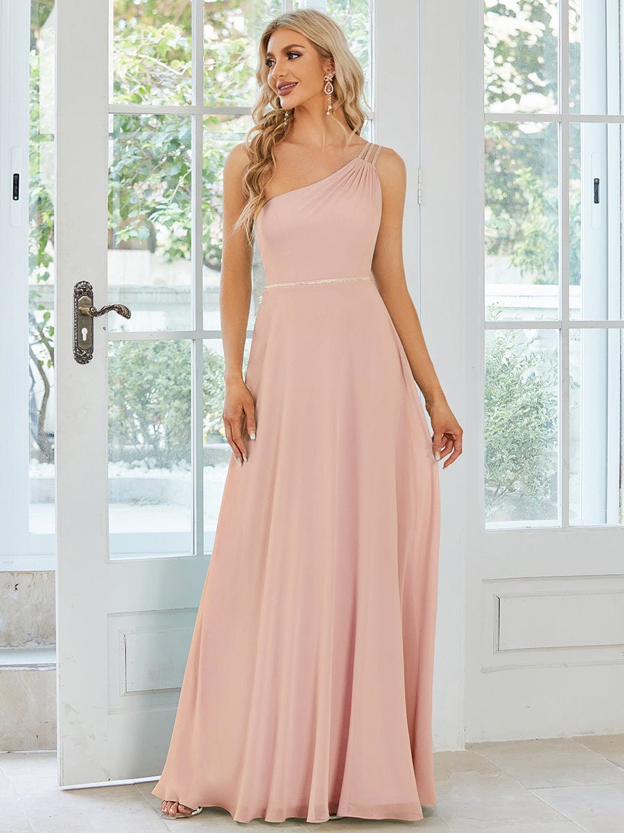 Flowy Chiffon One-Shoulder with Three Straps Bridesmaid Dress DRE2310040017PNK4 Pink / 4