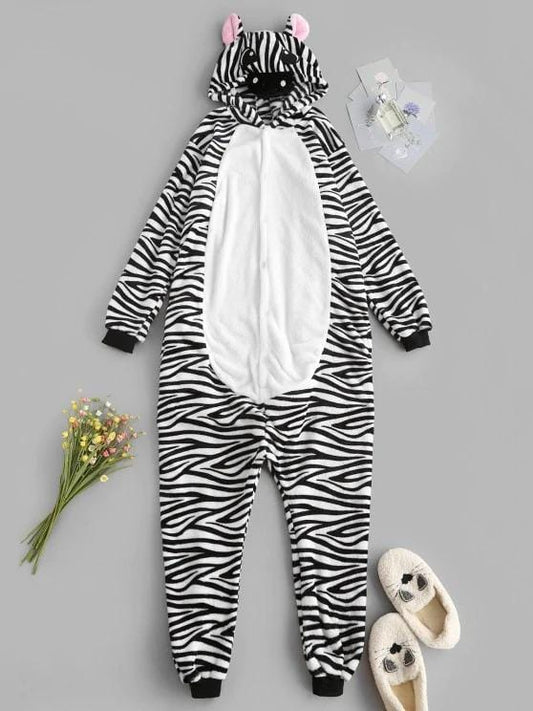 Fluffy Button Front Fleece Zebra Onesie Pajamas LOU210304065BLWHIS Black White / S