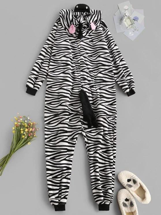 Fluffy Button Front Fleece Zebra Onesie Pajamas for Women