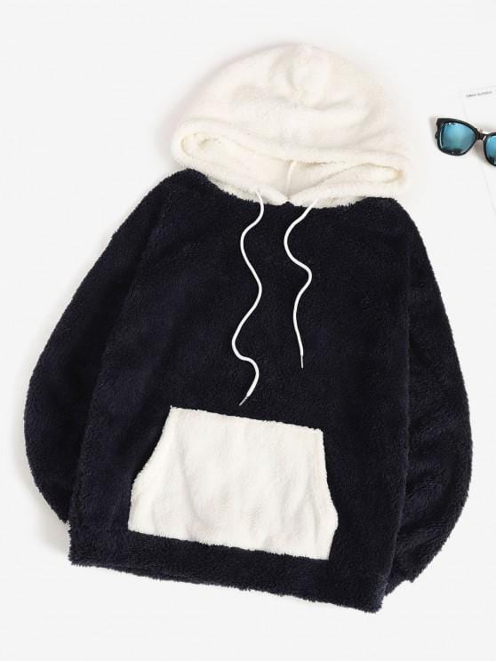 Fluffy Contrast Panel Front Pocket Hoodie for Women