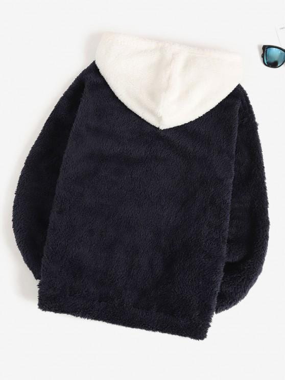 Fluffy Contrast Panel Front Pocket Hoodie for Women