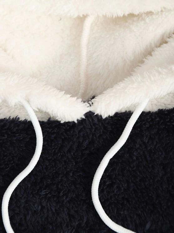 Fluffy Contrast Panel Front Pocket Hoodie for Women