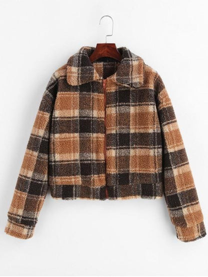 Fluffy Faux Fur Short Plaid Coat COA210308171MULS Multi / S