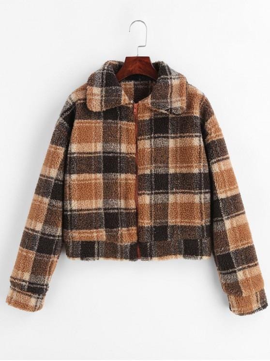 Fluffy Faux Fur Short Plaid Coat for Women