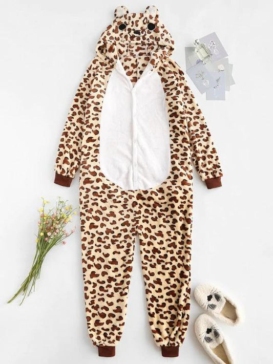 Fluffy Fleece Animal Leopard Onesie Pajamas LOU210304064BROS Brown / S