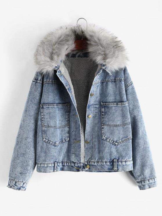 Fluffy Lined Denim Jacket with Detachable Faux Fur Collar JAC210311140BLUS Blue / S