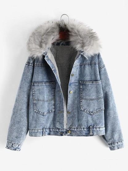 Fluffy Lined Denim Jacket with Detachable Faux Fur Collar JAC210311140BLUS Blue / S