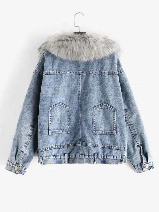 Fluffy Lined Denim Jacket with Detachable Faux Fur Collar