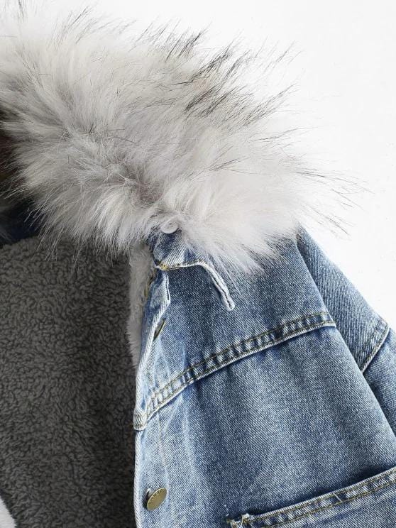 Fluffy Lined Denim Jacket with Detachable Faux Fur Collar