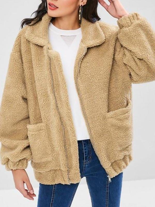 Fluffy Zip Up Winter Teddy Coat for Women COA210308177CABROS Camel Brown / S