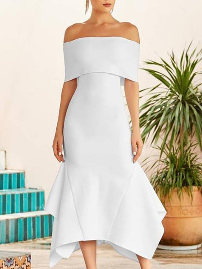 Fold Off Shoulder Asymmetrical Hem Bandage Dress DRE210303386WHIS S / White