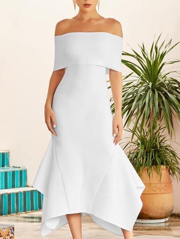 Fold Off Shoulder Asymmetrical Hem Bandage Dress