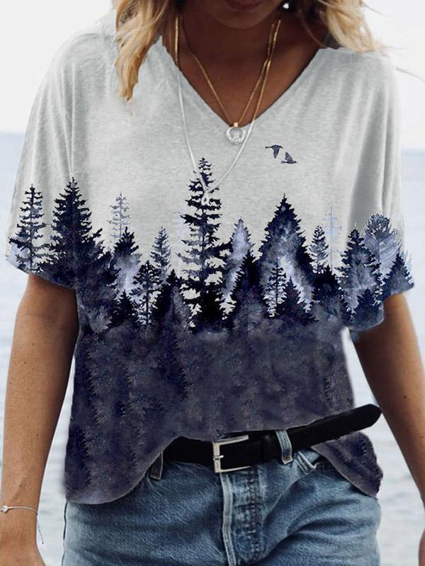 Forest Print Short-sleeved V-neck T-shirt TSH2106080232WHIS White / S