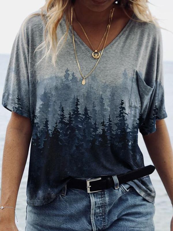 Forest Print Short-sleeved V-neck T-shirt TSH2106080232GRAS Gray / S
