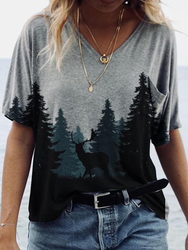 Forest Print Short-sleeved V-neck T-shirt TSH2106080232DGRAS Dark Gray / S