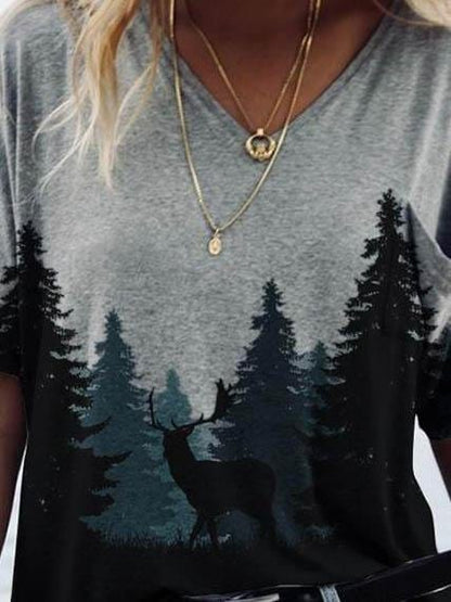 Forest Print Short-sleeved V-neck T-shirt