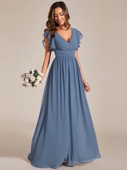 MsDresslyEP Formal Dress Back Cutout A-Line Pleated Ruffles Sleeve Chiffon Bridesmaid Dress