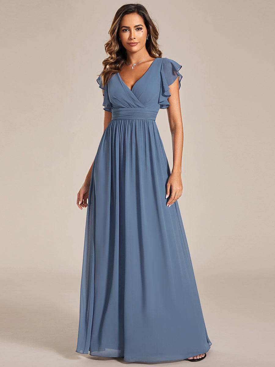 MsDresslyEP Formal Dress Back Cutout A-Line Pleated Ruffles Sleeve Chiffon Bridesmaid Dress