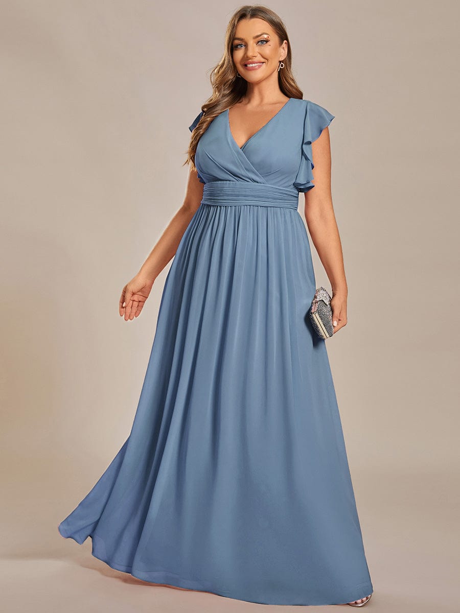 MsDresslyEP Formal Dress Back Cutout A-Line Pleated Ruffles Sleeve Chiffon Bridesmaid Dress