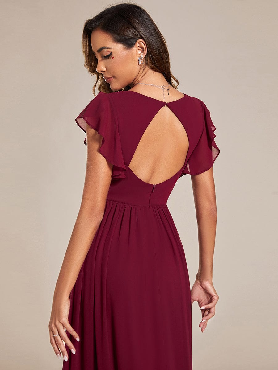 MsDresslyEP Formal Dress Back Cutout A-Line Pleated Ruffles Sleeve Chiffon Bridesmaid Dress