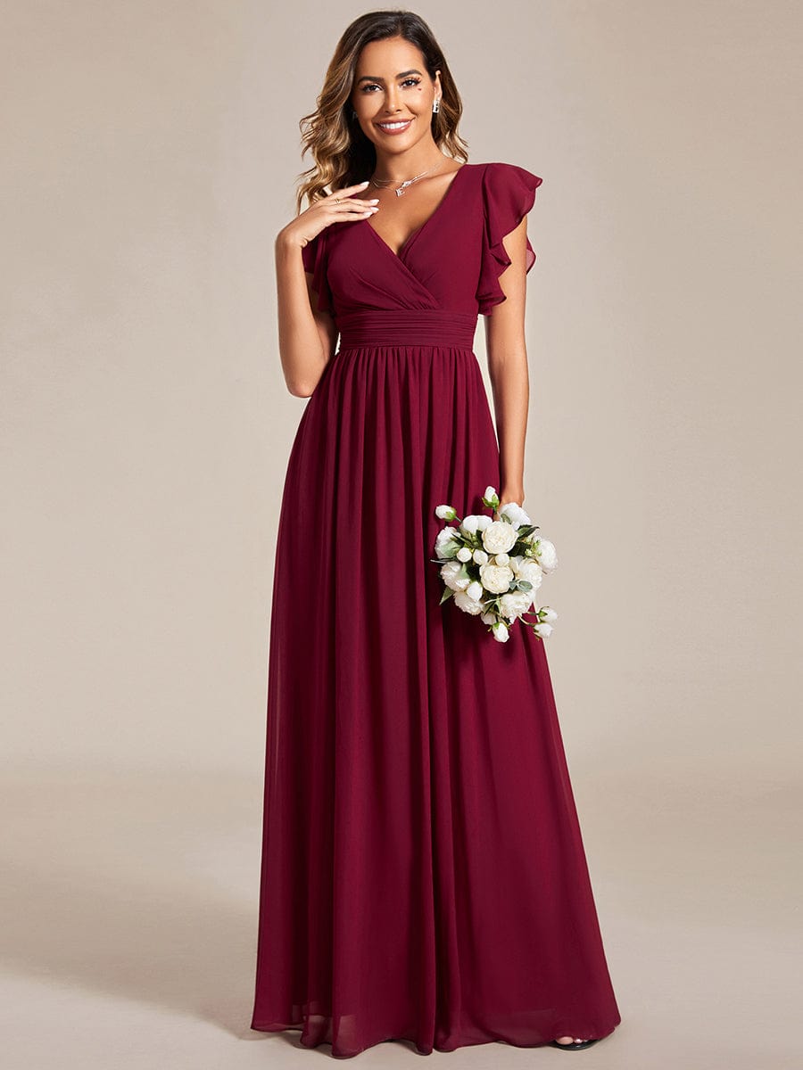 MsDresslyEP Formal Dress Back Cutout A-Line Pleated Ruffles Sleeve Chiffon Bridesmaid Dress