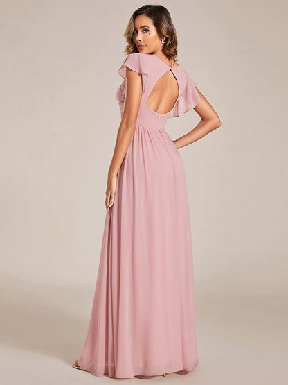 MsDresslyEP Formal Dress Back Cutout A-Line Pleated Ruffles Sleeve Chiffon Bridesmaid Dress