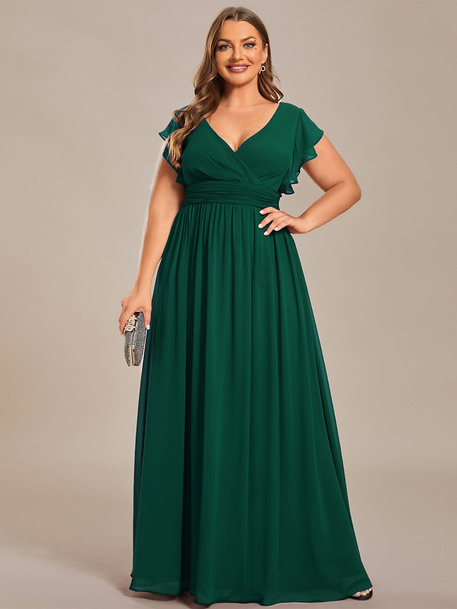 MsDresslyEP Formal Dress Back Cutout A-Line Pleated Ruffles Sleeve Chiffon Bridesmaid Dress