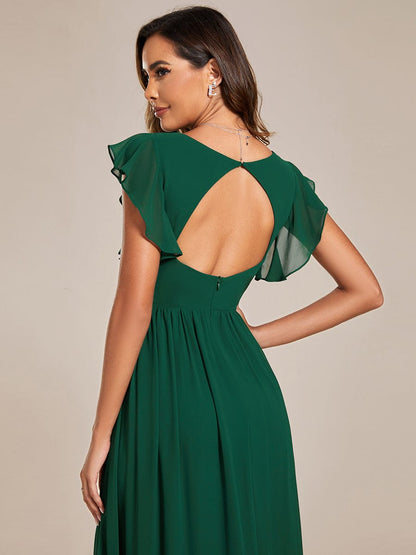 MsDresslyEP Formal Dress Back Cutout A-Line Pleated Ruffles Sleeve Chiffon Bridesmaid Dress