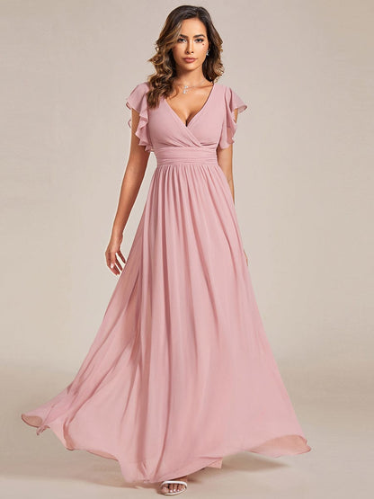 MsDresslyEP Formal Dress Back Cutout A-Line Pleated Ruffles Sleeve Chiffon Bridesmaid Dress