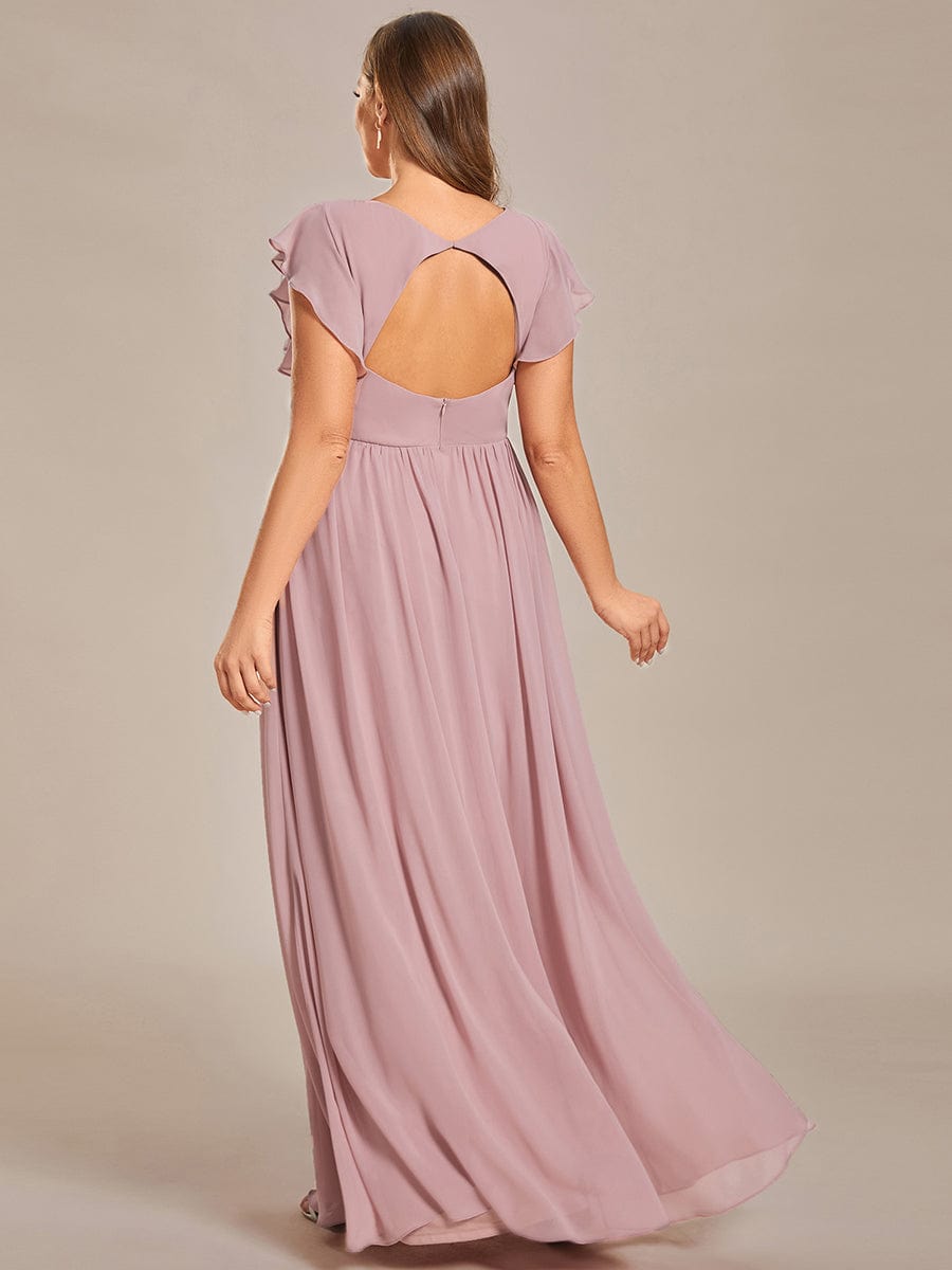 MsDresslyEP Formal Dress Back Cutout A-Line Pleated Ruffles Sleeve Chiffon Bridesmaid Dress