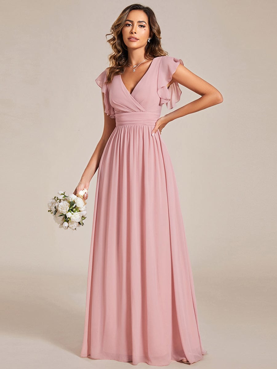 MsDresslyEP Formal Dress Back Cutout A-Line Pleated Ruffles Sleeve Chiffon Bridesmaid Dress