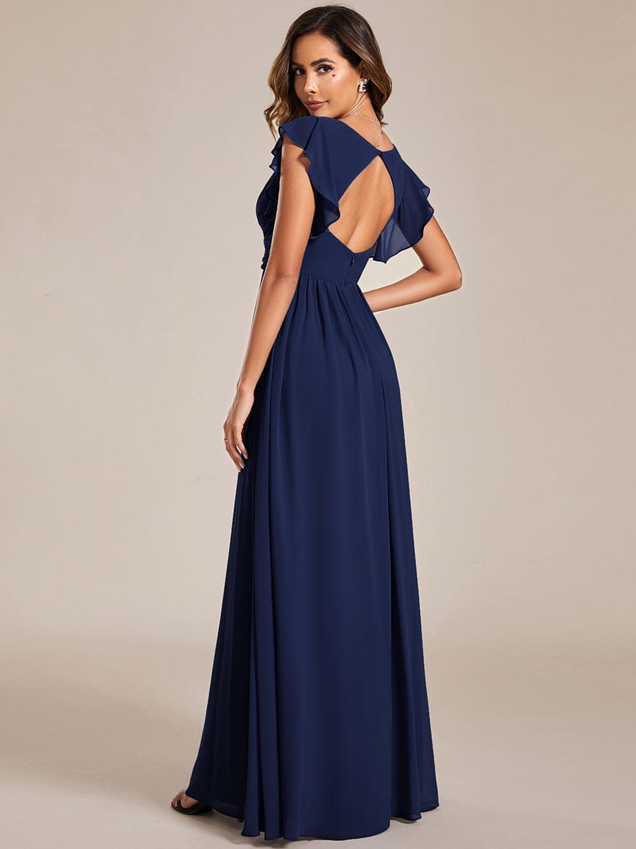 MsDresslyEP Formal Dress Back Cutout A-Line Pleated Ruffles Sleeve Chiffon Bridesmaid Dress