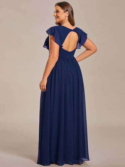 MsDresslyEP Formal Dress Back Cutout A-Line Pleated Ruffles Sleeve Chiffon Bridesmaid Dress