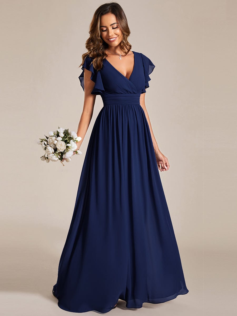 MsDresslyEP Formal Dress Back Cutout A-Line Pleated Ruffles Sleeve Chiffon Bridesmaid Dress