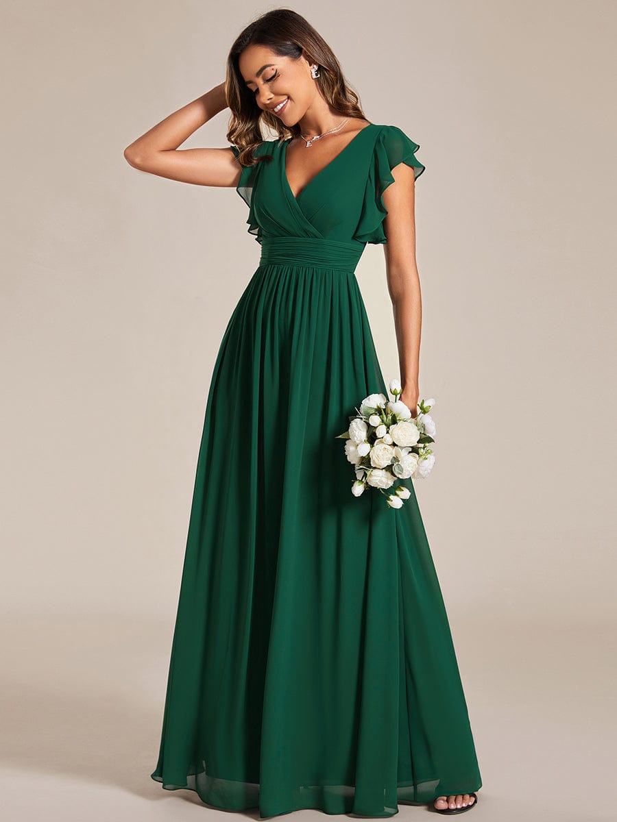 MsDresslyEP Formal Dress Back Cutout A-Line Pleated Ruffles Sleeve Chiffon Bridesmaid Dress