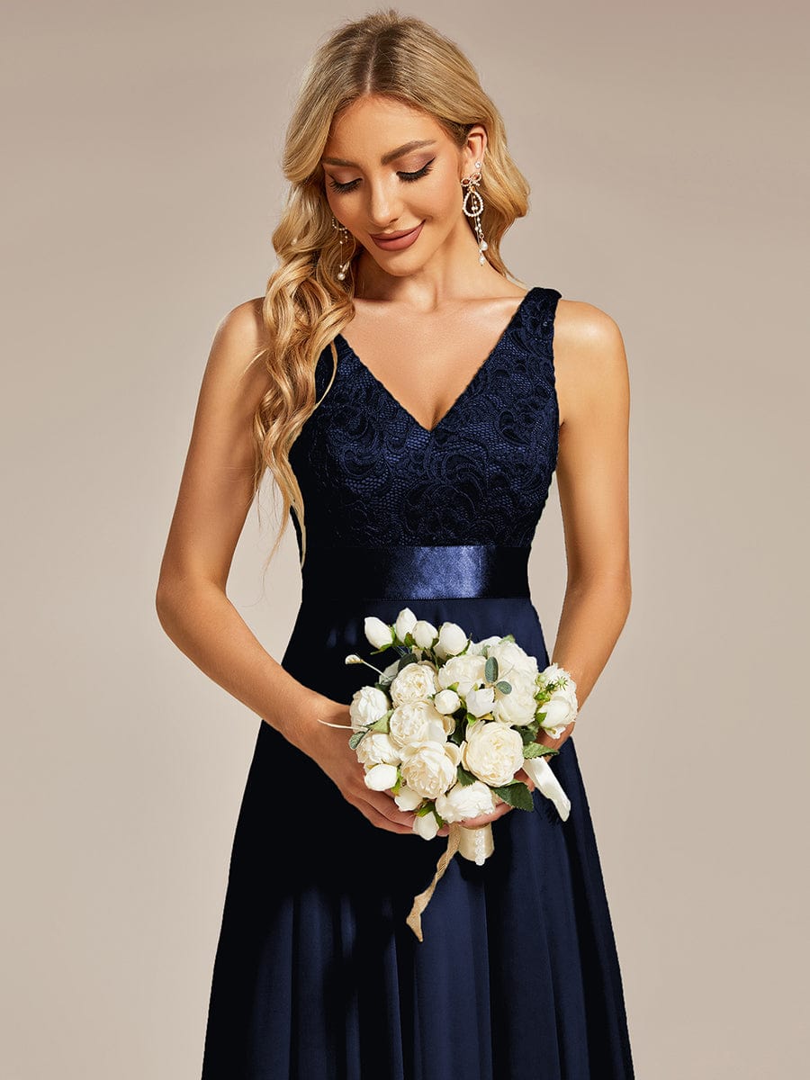 MsDresslyEP Formal Dress Deep V-Neck Lace Chiffon Bridesmaid Dress with Asymmetrical Hem