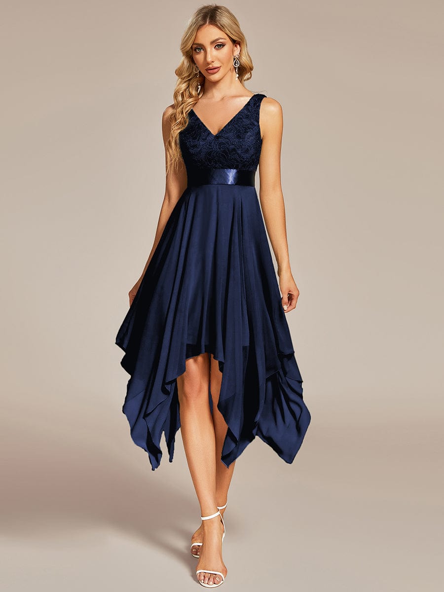 MsDresslyEP Formal Dress Deep V-Neck Lace Chiffon Bridesmaid Dress with Asymmetrical Hem DRE2310040001NAV4