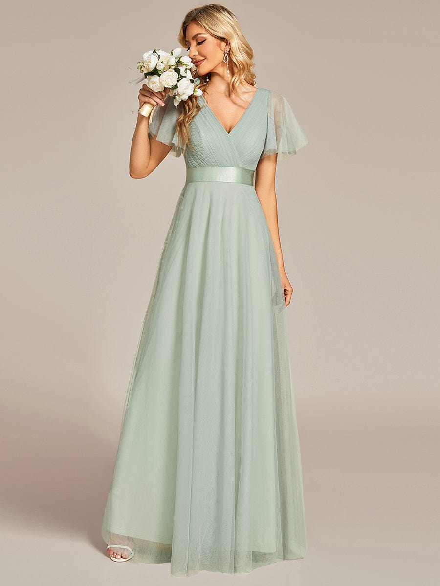 MsDresslyEP Formal Dress Double V-Neck Floor-Length Short Sleeve Tulle Bridesmaid Dresses