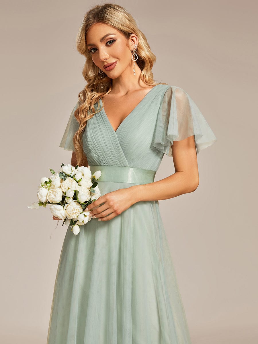 MsDresslyEP Formal Dress Double V-Neck Floor-Length Short Sleeve Tulle Bridesmaid Dresses
