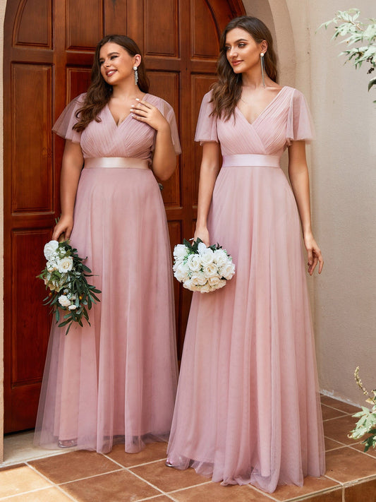 MsDresslyEP Formal Dress Double V-Neck Floor-Length Short Sleeve Tulle Bridesmaid Dresses DRE230972401PNK4